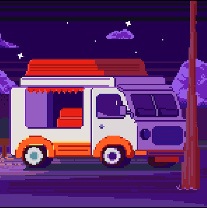 пиксельный передвижной продавец мороженного на природе.